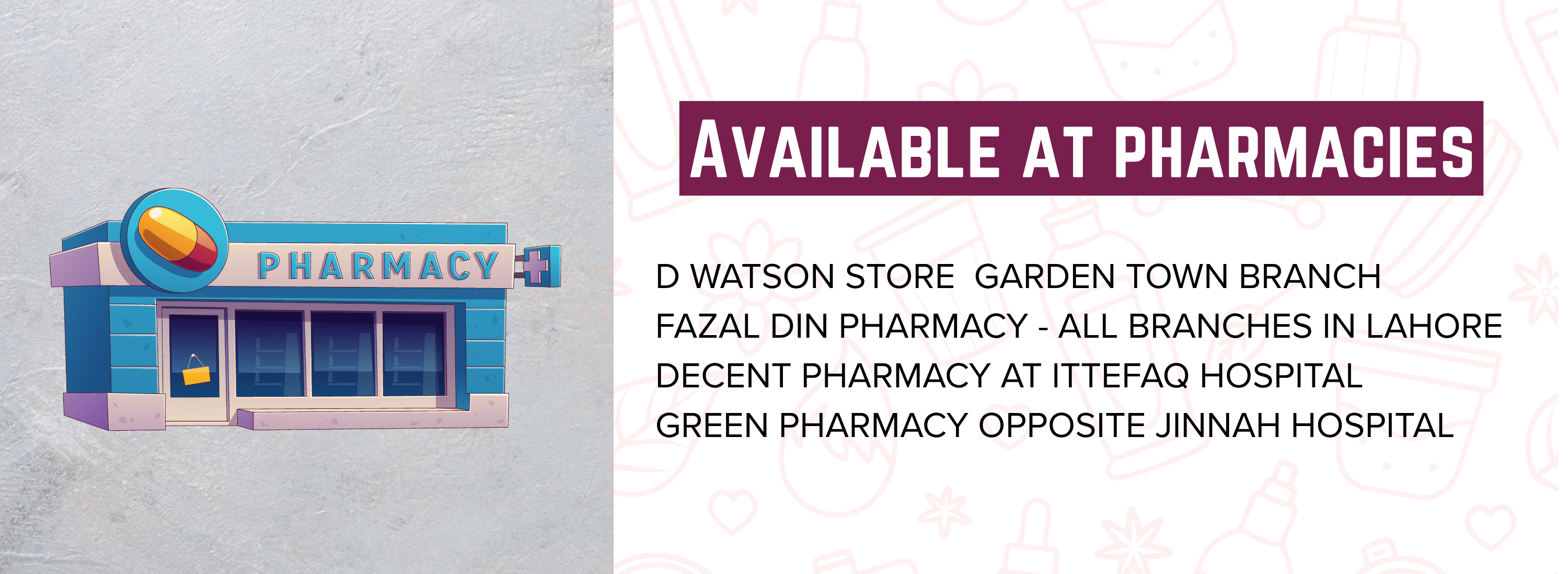 Promotional banner for a pharmacy with store locations listed.